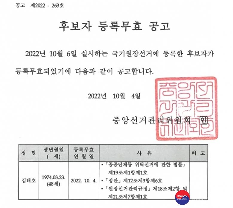 기사 2022.10.04.(화) 1-2 (사진) 중앙선거관리위원회, 국기원장선거 김태호 후보자 등록무효 공고.jpg